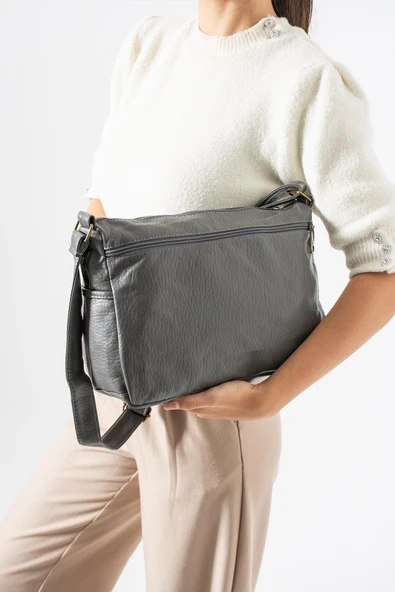 Yıkama Deri Çapraz Askılı Omuz Çantası Poliüretan Deri Gri Model:(571-14-16A) - Resim 2
