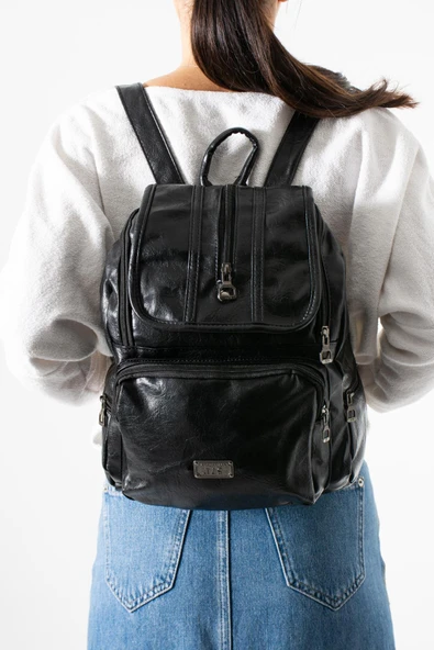 Suni Deri Yıkama Sırt Çantası (Poliüretan) Siyah Model:(571-14-16J) ürün görseli