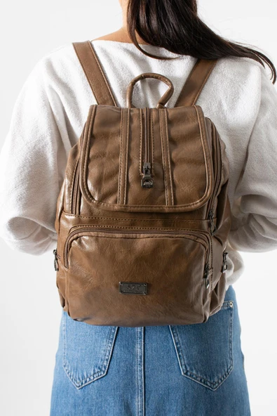 Suni Deri Yıkama Sırt Çantası (Poliüretan) Vizon Model:(571-14-16J) ürün görseli 1