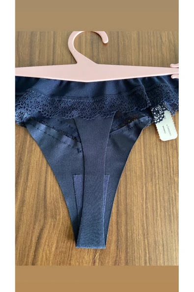 Zi 2 ADET 1 PAKET Lacivert Tül Dantel Detaylı Kadın Tanga Külot - Resim 5