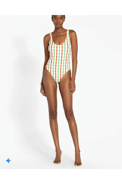 Zi Beyaz Dar Kalıp Renkli Çubuk Çizgili Mayo ürün görseli 1