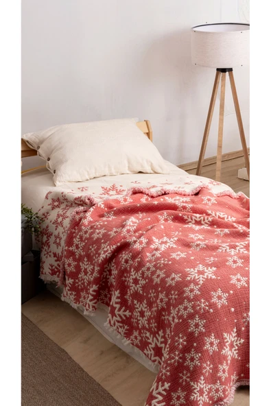 Rayme Textile Yılbaşı Temalı Kar Tanesi Desenli Müslin Yorgan | %100 Pamuk | Çift Kişilik | Kırmızı ve Yeşil ürün görseli