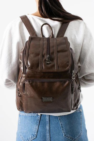 Suni Deri Yıkama Sırt Çantası (Poliüretan) Kahverengi Model:(571-14-16J) ürün görseli