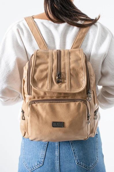 Suni Deri Yıkama Sırt Çantası (Poliüretan) Bej Model:(571-14-16J) ürün görseli 1