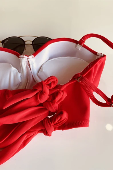 Zi Kırmızı Yüksek Bel Bikini Alt Üst Takım - Resim 6