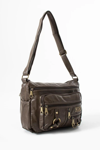 Yıkama Deri Çapraz Askılı Omuz Çantası Poliüretan Deri Vizon Model:(571-14-16B) - Resim 3