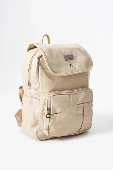 Suni Deri Yıkama Sırt Çantası (Poliüretan) Krem Model:(571-14-16I) - Resim 3