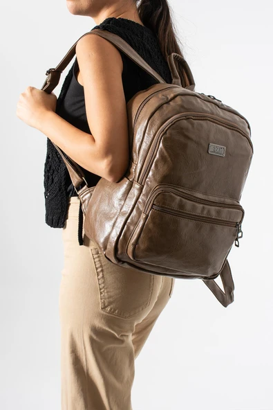 Suni Deri Yıkama Sırt Çantası (Poliüretan) Vizon Model:(571-14-16H) ürün görseli