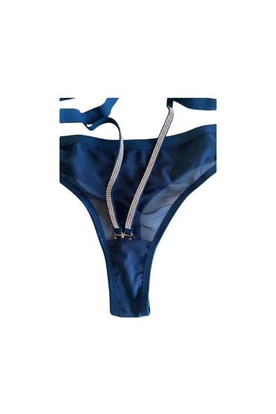 Zi Petrol Yeşili Tül Yüksek Bel Taş Detaylı Tanga Külot - Resim 7