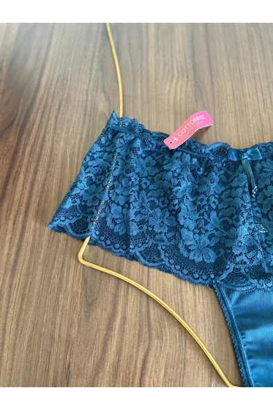 Zi Petrol Yeşili Transparan Dantelli Tanga Şort Külot - Resim 3