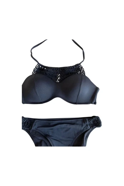 Zi Siyah Makrome Içi Boş Kap Bikini Takım - Resim 6