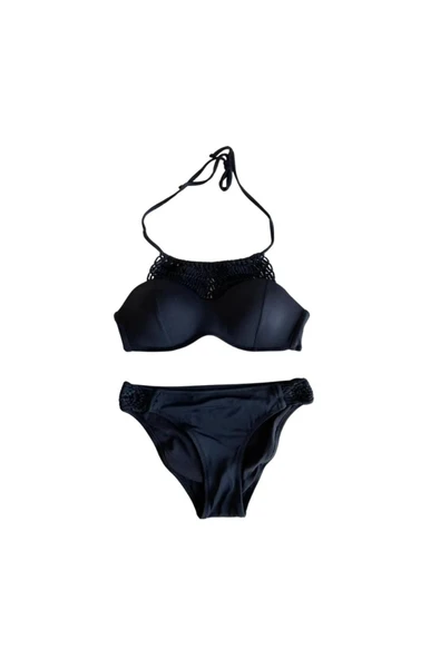 Zi Siyah Makrome Içi Boş Kap Bikini Takım - Resim 4