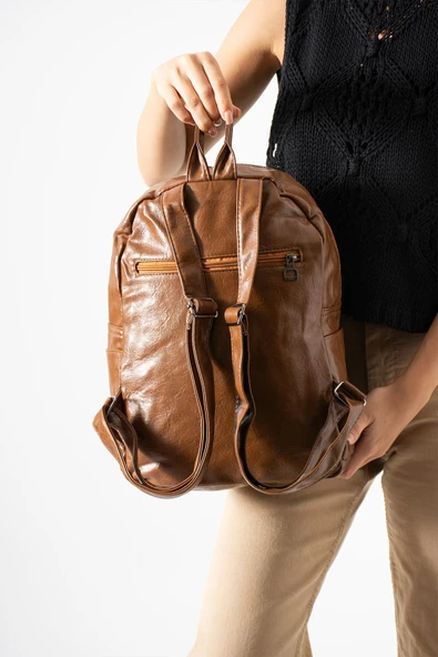 Suni Deri Yıkama Sırt Çantası (Poliüretan) Taba Model:(571-14-16H) - Resim 2