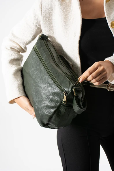 Yıkama Deri Çapraz Askılı Omuz Çantası Poliüretan Deri Haki Model:(571-14-16D) - Resim 2