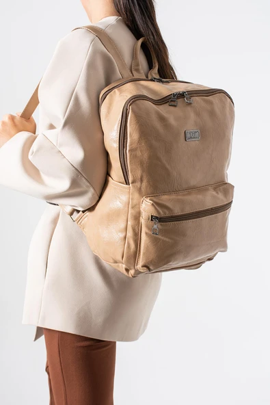 Suni Deri Yıkama Sırt Çantası (Poliüretan) Bej Model:(571-14-16G) ürün görseli