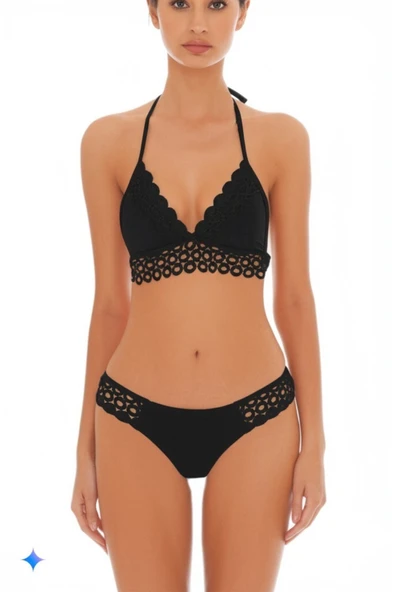 Zi Siyah Dar Kalıp Halka Örgü Detaylı Küçük Üçgen Bikini Takımı ürün görseli