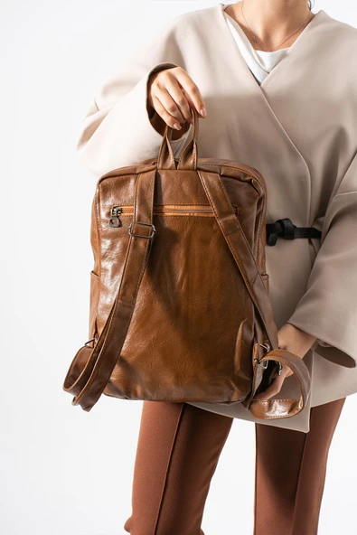 Suni Deri Yıkama Sırt Çantası (Poliüretan) Taba Model:(571-14-16G) - Resim 2