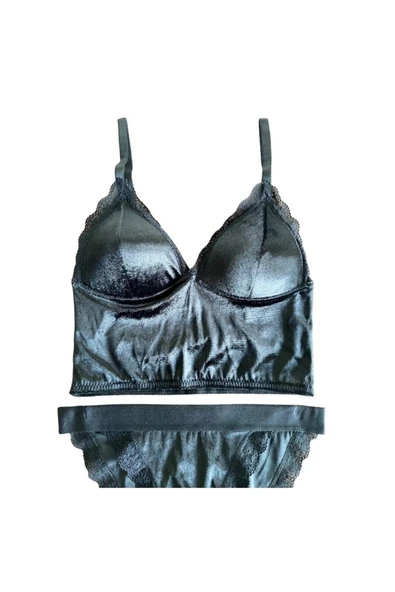 Zi Siyah Kadife Dantel Detaylı Bralet Sütyen Külot Takımı - Resim 7