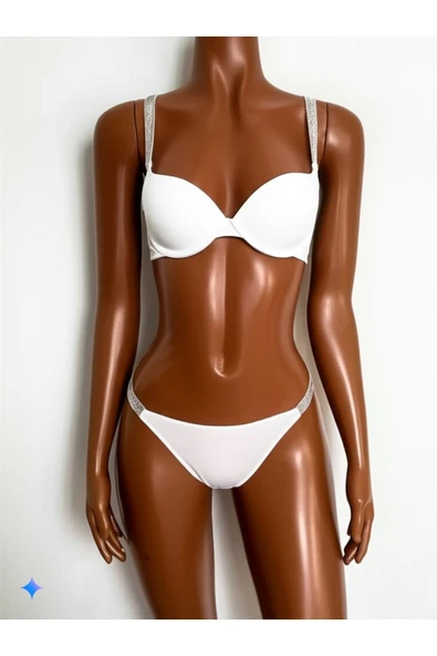 Zi Ekru Double Push Up Balenli Taşlı Sütyen Külot Takımı - Resim 5