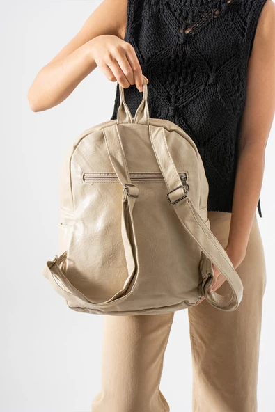 Suni Deri Yıkama Sırt Çantası (Poliüretan) Krem Model:(571-14-16H) - Resim 2