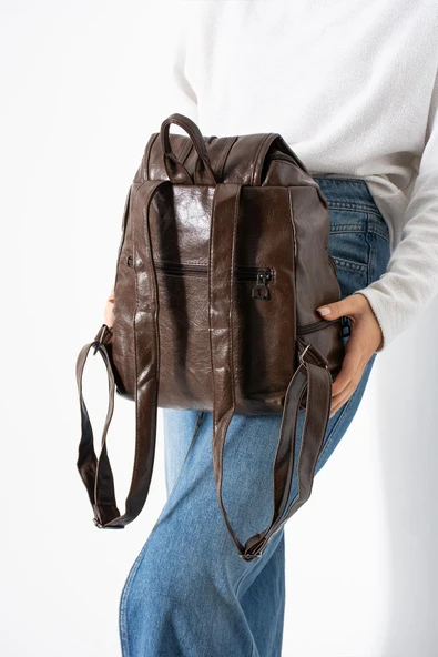 Suni Deri Yıkama Sırt Çantası (Poliüretan) Kahverengi Model:(571-14-16J) - Resim 2