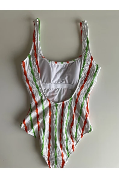 Zi Beyaz Dar Kalıp Renkli Çubuk Çizgili Mayo - Resim 6