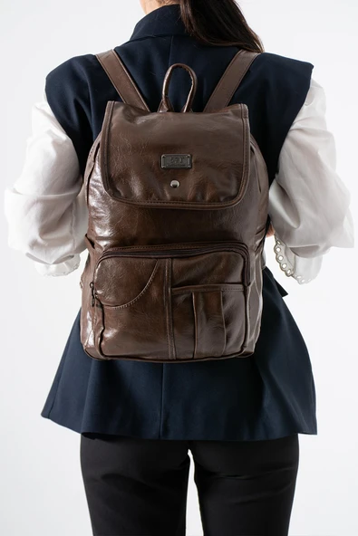 Suni Deri Yıkama Sırt Çantası (Poliüretan) Kahverengi Model:(571-14-16I) ürün görseli 1