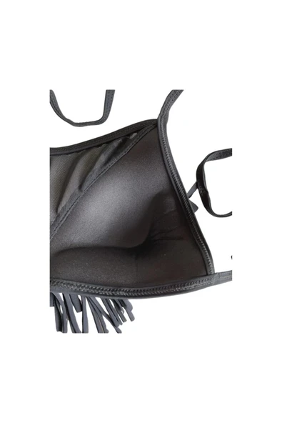 Zi Siyah Çok Dar Kalıp Taşlı Püsküllü Dantel Detaylı Yarım Dolgulu Üçgen Bikini Takımı - Resim 7