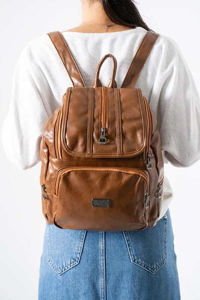 Suni Deri Yıkama Sırt Çantası (Poliüretan) Taba Model:(571-14-16J) ürün görseli