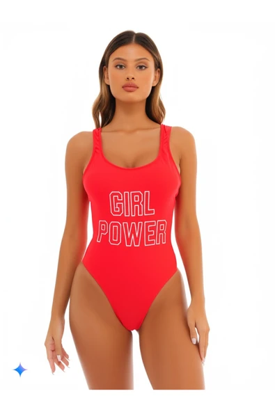 Zi Kırmı Çok Dar Kalıp Girl Power Baskılı Mayo ürün görseli