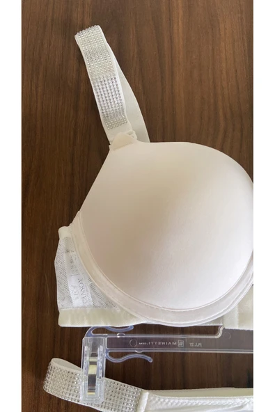 Zi Ekru Double Push Up Balenli Taşlı Sütyen Külot Takımı - Resim 4