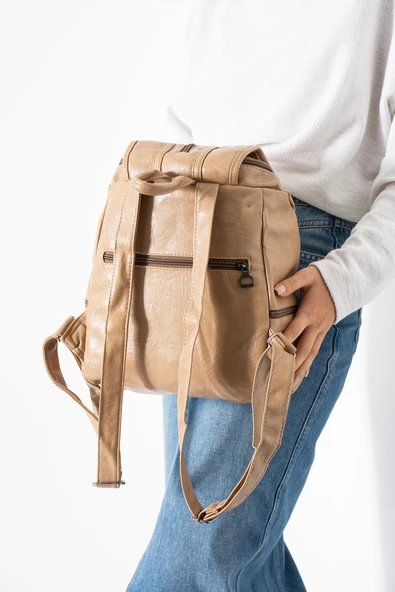 Suni Deri Yıkama Sırt Çantası (Poliüretan) Bej Model:(571-14-16J) - Resim 2