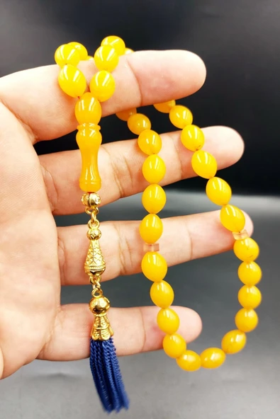 Arpa Kesim Sarı Alpaka Püsküllü Tespih (Ahşap Kutu) ürün görseli