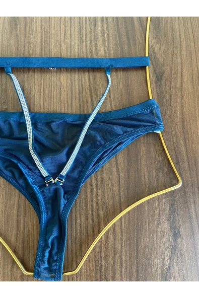 Zi Petrol Yeşili Tül Yüksek Bel Taş Detaylı Tanga Külot - Resim 3