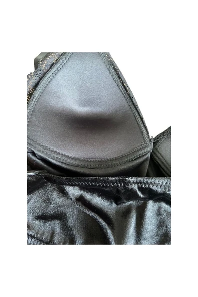 Zi Siyah Kadife Dantel Detaylı Bralet Sütyen Külot Takımı - Resim 8