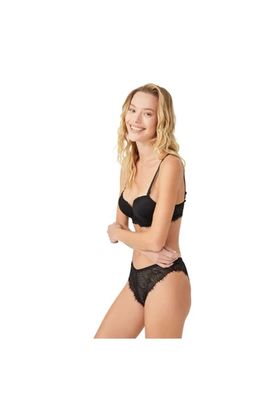 Zi Siyah Dar Kalıp Dantelli Içi Yarım Dolu Destekli Sütyen Takımı - Resim 3