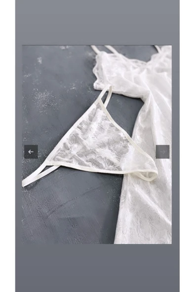 Zi Ekru Kısa Gecelik Ve Standart String Tanga Külot Takım - Resim 5