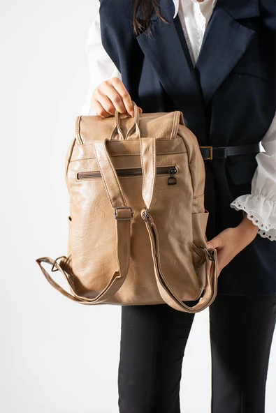 Suni Deri Yıkama Sırt Çantası (Poliüretan) Bej Model:(571-14-16I) - Resim 2