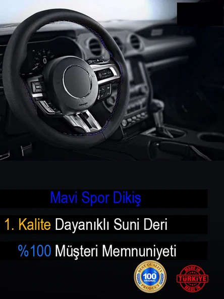 Nissan Note ÖZEL süper deri Direksiyon Kılıfı, Mavi Şeritli Spor Dikiş - Resim 3