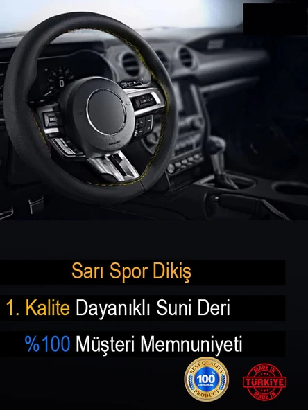 Renault Laguna ÖZEL süper deri Direksiyon Kılıfı, Sarı Şeritli Spor Dikiş - Resim 3