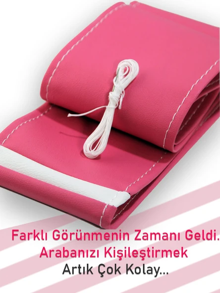 Skoda Super B Pembe ÖZEL süper deri Beyaz Yüzüklü Dikişli Direksiyon Kılıfı - Resim 3