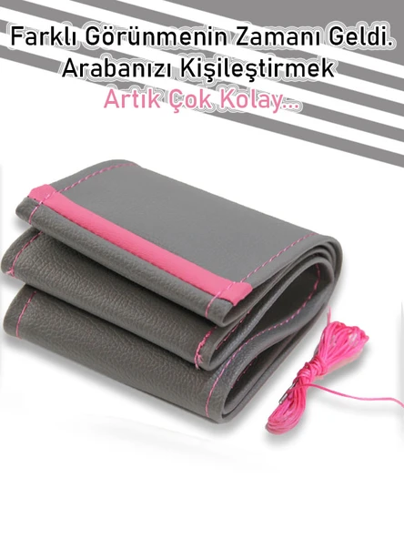 Kia Pride Gri ÖZEL süper deri Pembe Yüzüklü Dikişli Direksiyon Kılıfı - Resim 3