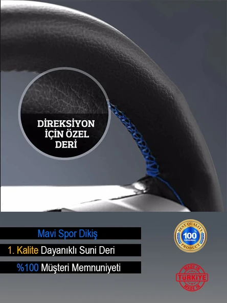 Volkswagen Caddy ÖZEL süper deri Direksiyon Kılıfı, Mavi Şeritli Spor Dikiş - Resim 2