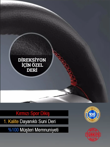 Volkswagen Golf ÖZEL süper deri Direksiyon Kılıfı, Kırmızı Yüzüklü Spor Dikiş - Resim 2