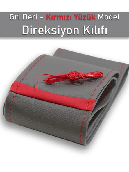 Mazda 5 Gri ÖZEL süper deri Kırmızı Yüzüklü Dikişli Direksiyon Kılıfı - Resim 2