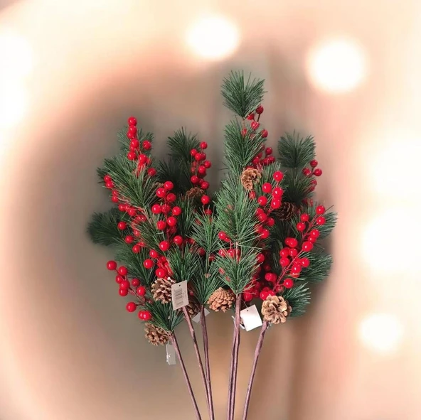 Yapay Çiçek Kokina ve Çam Dalı Uzun Dal Kozalaklı 75cm Yılbaşı Çiçeği (1 adet) - Resim 4