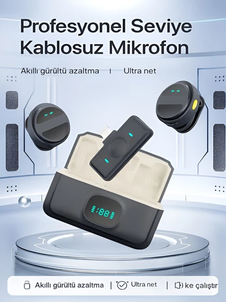 Lightining Girişli 300mAh Dijital Göstergeli 2.4G Kablosuz Çift Yaka Mikrofonu Pro++ - Resim 5