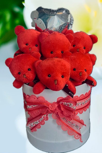 Premium Silindir Hediye Kutusunda, Kalpli Balonlu 6’lı Kırmızı Ayıcık Buketi - Resim 4