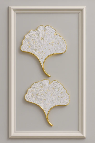 ASZEN Beyaz Gold Damarlı Mabet Yaprağı Aplik – 35×32 cm | 9V Pilli Işıklı Reçine Dekor - Resim 3