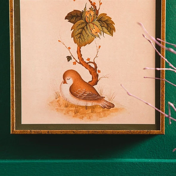 English Home Robin Bird Ardıç Kuşu Gold Detaylı Doğa Temalı Altın Ahşap Dekoratif Tablo - Resim 2